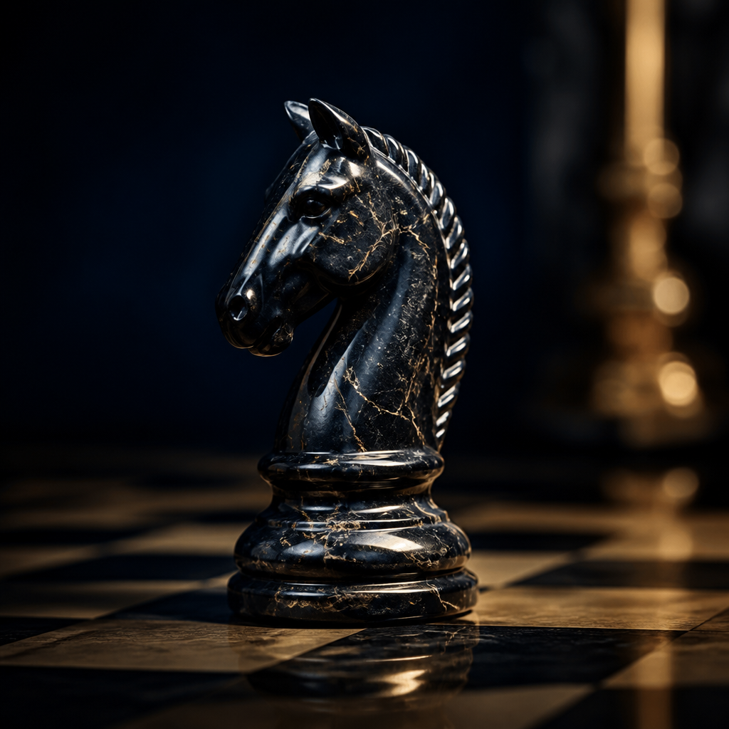 Elegant black marble chess knight on a lacquered chessboard