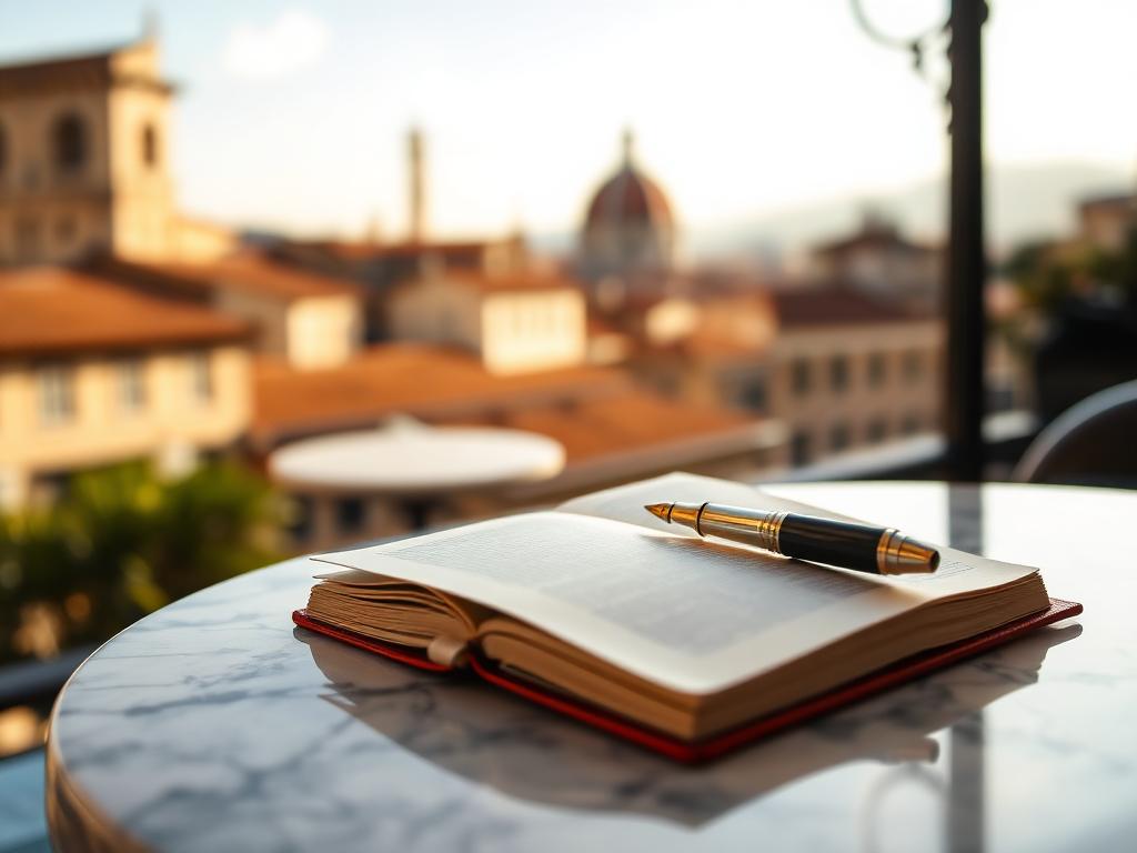 Open travel notebook with a fountain pen on a marble table in Florence, with the city rooftops and the Duomo in the background